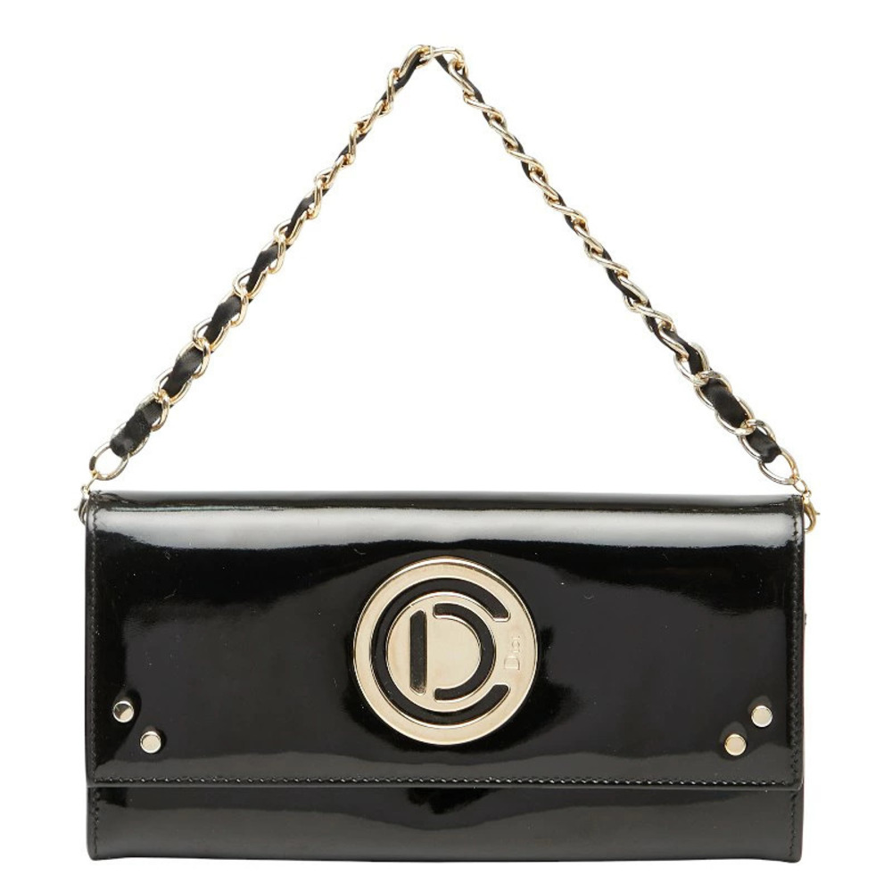 Christian Dior Chain Wallet Long Handbag Black Gold Patent Vernis Leather